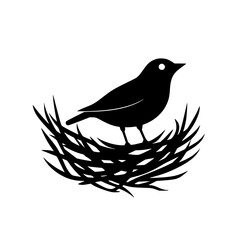 Silhouette pictogram of a bird standing on a nest surrounded by simple grass elements