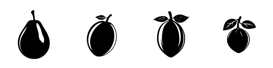 Silhouette pictograms of various fruits showcasing distinct shapes and details in a minimalistic style