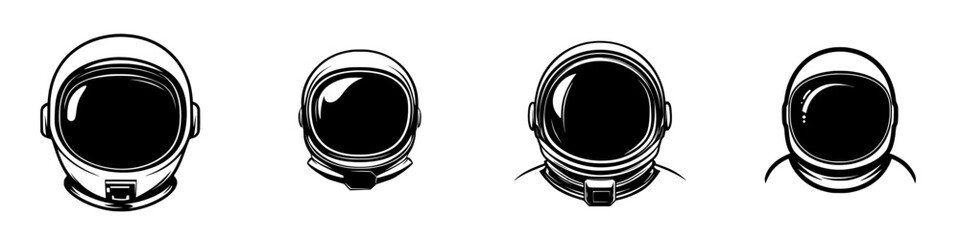 Silhouette pictogram icons representing various astronaut helmets in a clean vector format for design use and creative projects