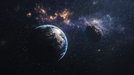 Obraz premium Stunning View of Earth Surrounded by Asteroid in the Depths of Outer Space Captured in a Beautiful Cosmic Landscape Full of Stars and Galaxies