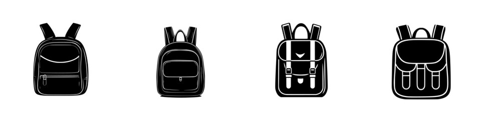 Obraz premium Collection of silhouette pictograms depicting various backpack designs for educational and travel use