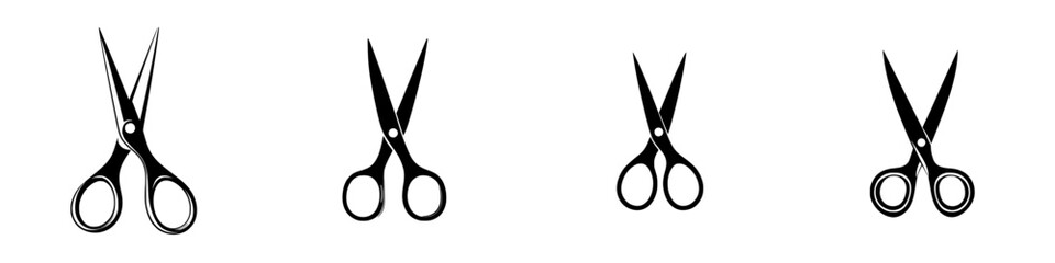 Set of silhouette pictograms featuring scissors in various positions for creative design projects