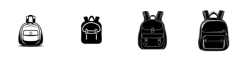 Fototapeta premium Set of four distinct silhouette pictograms showcasing various backpack designs for educational and travel purposes