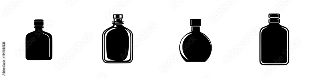 Poster silhouette pictogram set of various bottle shapes in isolated vector design showcasing diverse conta