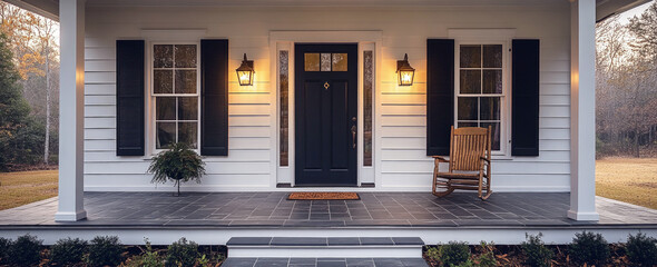Fototapeta premium Charming front porch with black door, lit lanterns, and wooden rocking chair, evoking warmth and classic American home architecture in a serene autumn setting.