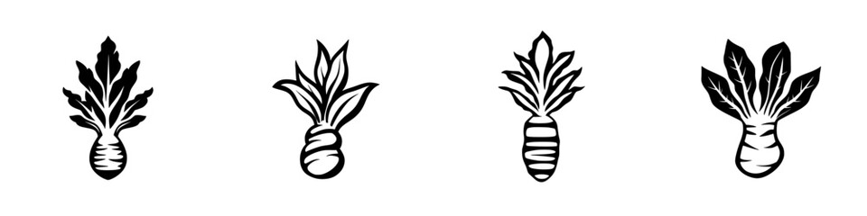 Silhouette pictograms of various vegetables featuring simple designs that highlight distinctive features and shapes