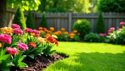 Newly planted flowerbeds in a charming, fenced yard, green, yard