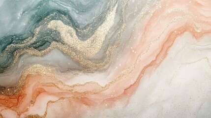 Obraz premium Abstract Fluid Art with Mint Green, Coral, and Gold Sparkles on Soft Background for Elegant Design and Creative Projects