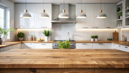 empty beautiful wooden table top, modern kitchen interior background