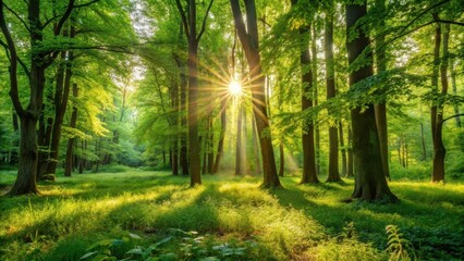 Obraz premium Dense foliage sways gently under the warm sunlight filtering through the leaves of a lush green forest, with dappled shadows cast on the forest floor, green forest grass under sun's rays, serene