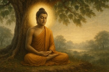 Enlightened Buddha sitting cross legged under Bodhi tree, radiating peaceful aura, meditating with serene expression amid lush natural backdrop