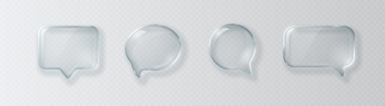 Collection of glass transparent glossy 3D speech bubble icons isolated on light background. Vector illustration.