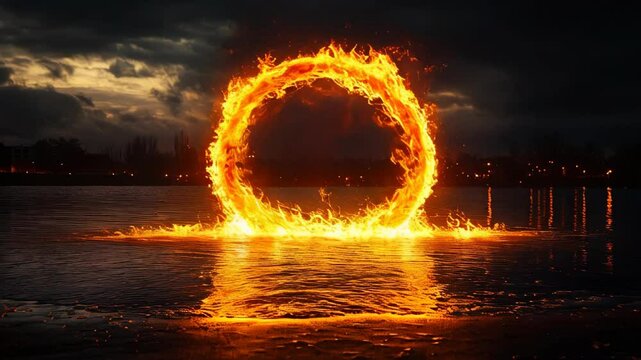 A vibrant ring of fire spins above the water, illuminating the surroundings with its warm glow. The performance takes place at dusk, creating a magical atmosphere with reflections.