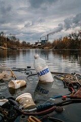 Obraz premium Pollution visible in a river with plastic debris and industry in the background during a cloudy day