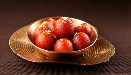 Indian famous sweet Gulab Jamun served with sugar syrup in a bowl closeup. Indian Dessert or Sweet Dish.Indian traditional sweets.