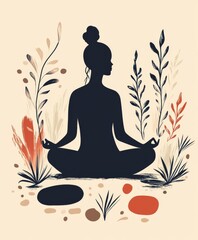 In a serene scene, a woman with crossed legs meditates, surrounded by a delicate pastel vintage-colored atmosphere that reflects the principles of mindfulness, meditation, and yoga