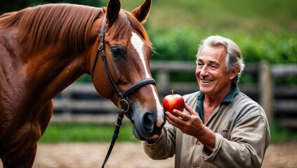 Fototapeta premium Brown horse enjoying a red apple offered by a stableman