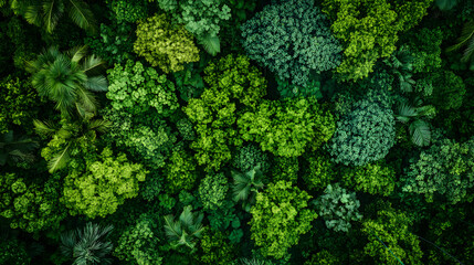 Naklejka premium Aerial view of lush green rainforest canopy with diverse foliage, showcasing vibrant shades of green and dense vegetation
