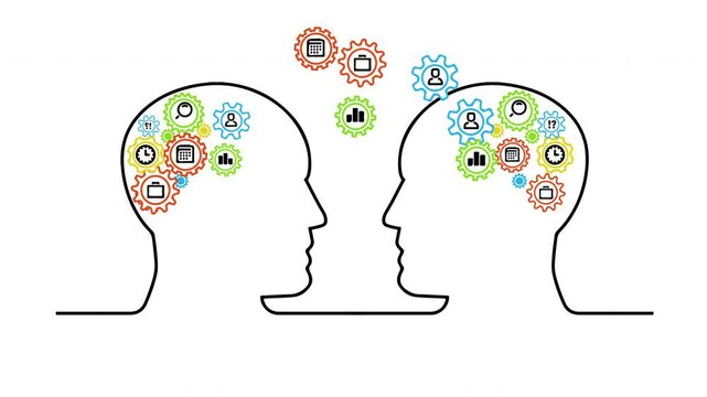 Human two heads silhouette with gears communication concept. Sharing idea, brainstorming, thinking. Vector graphic animation concept