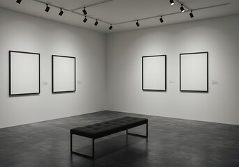 Gallery interior with blank framed canvases and bench