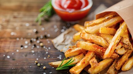 Deliciously seasoned french fries in a brown paper cone.