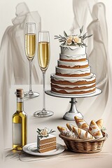 Doodle sketch style wedding invitation design, featuring chalk-style illustrations of champagne glasses, layered cake, olive oil bottles, and bread basket, Italian rustic vibe.
