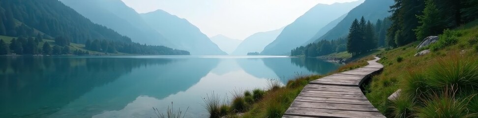 Misty mountain lake, wooden boardwalk winds through scenic vista , background, digital