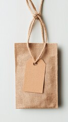 Brown Paper Bag with Blank Tag and String on White Wooden Background