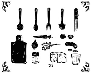 Rustic woodcut-style illustration of kitchen utensils and ingredients, including cheese, sausage, vegetables, spices, and cutlery — a cozy homage to homemade cooking.