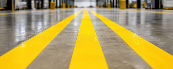 Bright yellow safety lines on polished concrete floor