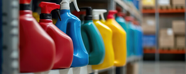 Colorful cleaning products on warehouse shelf