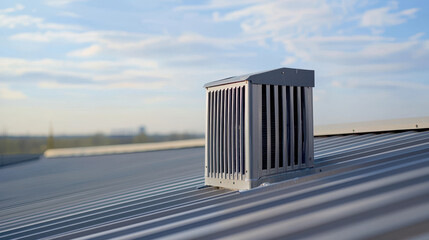 Metal ventilation unit on corrugated warehouse roof under blue sky