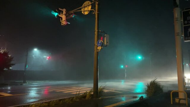 Tropical Storm Heavy Rain And Strong Wind Sweep Across Intersection At Night - Lan
