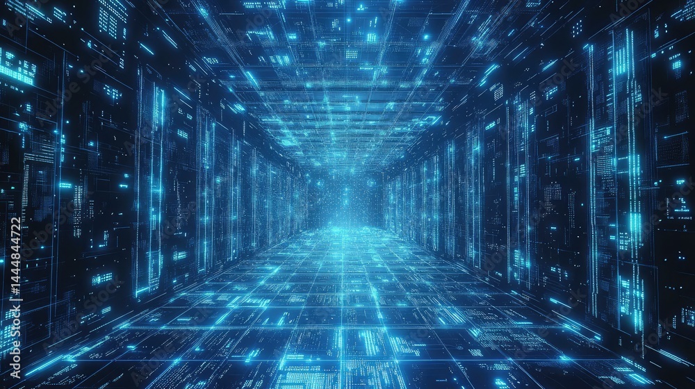 Poster futuristic digital corridor with glowing blue data streams and abstract technology concept for sci-f