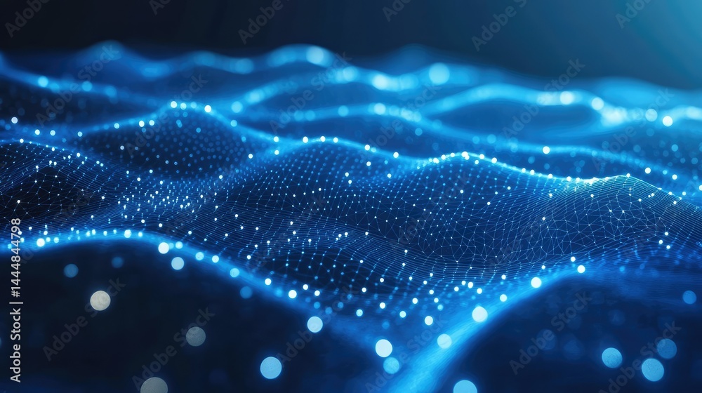  abstract representation of digital waves creating illuminated network patterns in blue hues, showcas