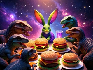 Colorful surreal gathering of rabbits and dinosaurs sharing a meal in space