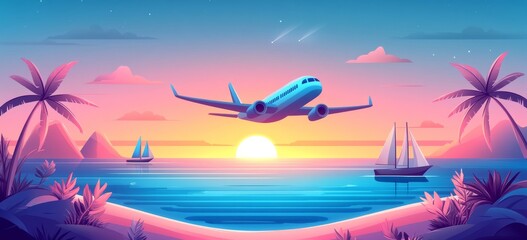 The Summer and Travel concept design presents a visually appealing combination of a tropical beach landscape, featuring a palm leaf and a flying plane, with a panoramic view, all set on an abstract