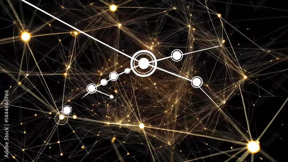 Poster Data network connections illustrate complex data processing against a black background, network of connections and data processing on black background