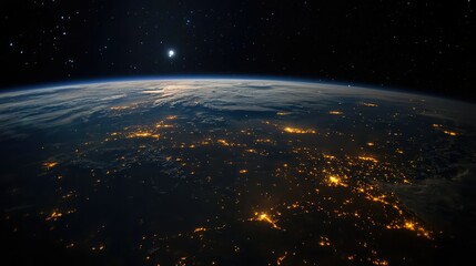 Obraz premium Stunning View of Earth from Space Showcasing Vibrant City Lights, Natural Landscapes, and the Serenity of the Infinite Universe Above at Nighttime