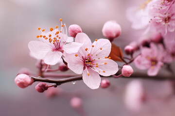 Obraz premium macro photo of blooming pink cherry blossom with soft background, shallow depth of field