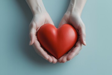 Fototapeta premium Gentle hands hold a vibrant red heart symbolising love care and compassion pure emotion