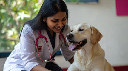 veterinarian smiling affectionately at happy labrador in veterinary clinic. pet care and healthcare concept. brochure on animal welfare and veterinary services.