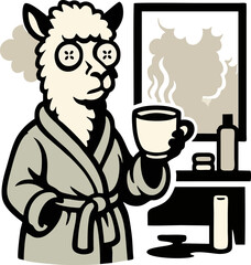 Anthropomorphic Llama In Robe Holds Coffee Looking Tired Reflecting In A Mirror With Steam