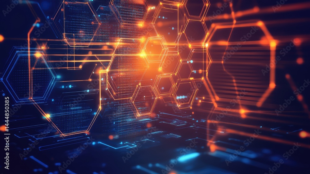 Poster abstract digital background with glowing hexagons and interconnected lines representing technology, 