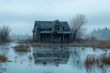 Abandoned farmhouse in flooded rural landscape