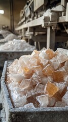 Calcite crystals are being processed in an industrial setting for paper production. The photo showcases the raw material's clarity and the operational equipment involved in the process