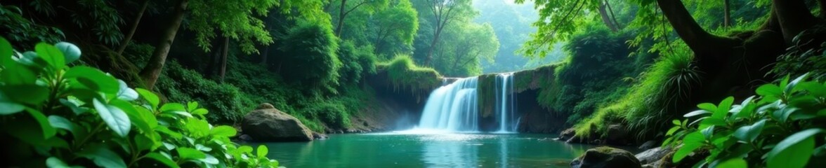 Naklejka premium Lush green canopy frames cascading waterfall in Thailand's deep forest , lush, untouched