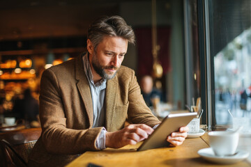 businessman using digital tablet in stylish coffee shop, warm tones, professional but relaxed