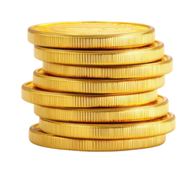 A stack of shiny gold coins , isolated on transparent background