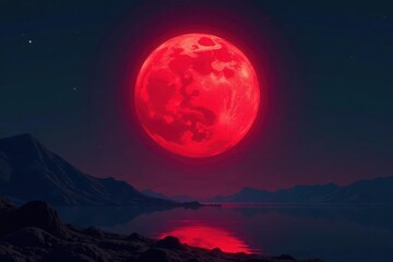 Glowing red moon silhouette against dark, abstract landscape Minimalist surreal art , wall art, backdrop